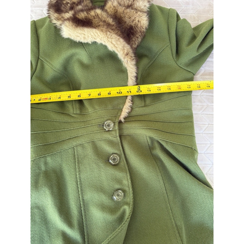 Rampa Olive Green Faux Fur Collar Fit & Flare Coat Vintage Y2K Fall Large - Picture 11 of 14